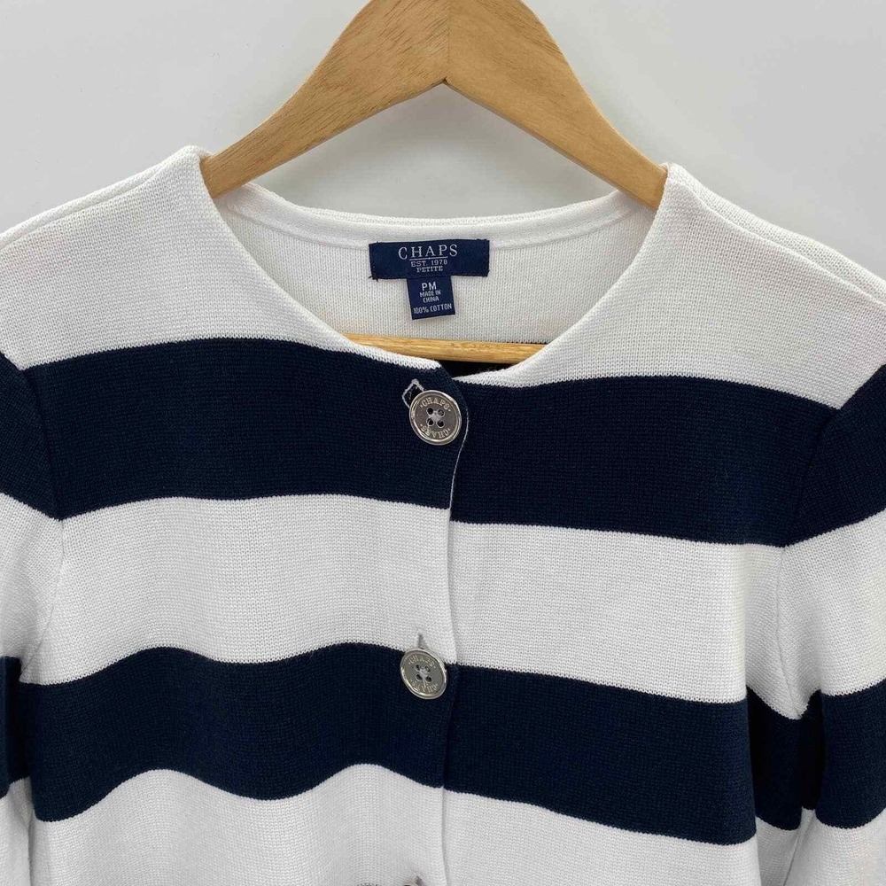 Chaps Cardigan Sweater Petite Medium White Blue Nautical Pockets Button Front - Picture 3 of 8